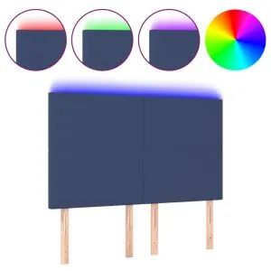 Tăblie de pat cu LED, albastru, 144x5x118/128 cm, textil