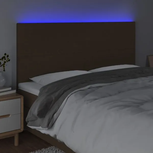 Tăblie de pat cu LED, maro închis, 200x5x118/128 cm, textil