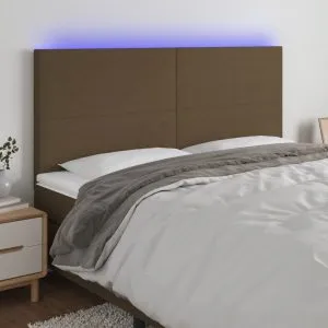 Tăblie de pat cu LED, maro închis, 200x5x118/128 cm, textil