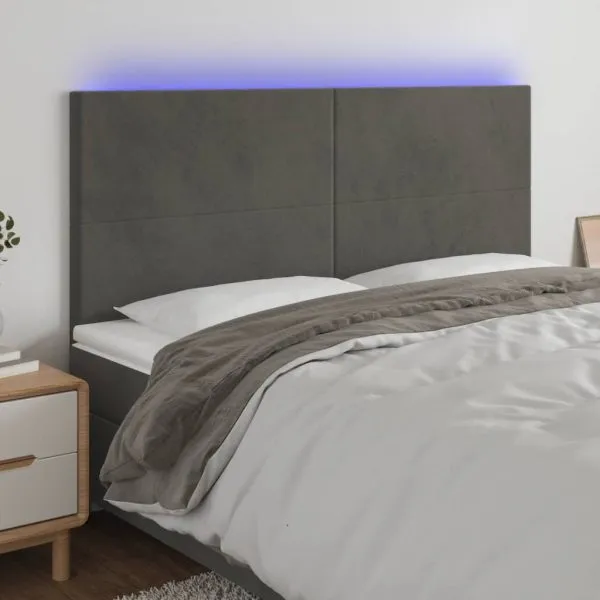 Tăblie de pat cu LED, gri închis, 180x5x118/128 cm, catifea