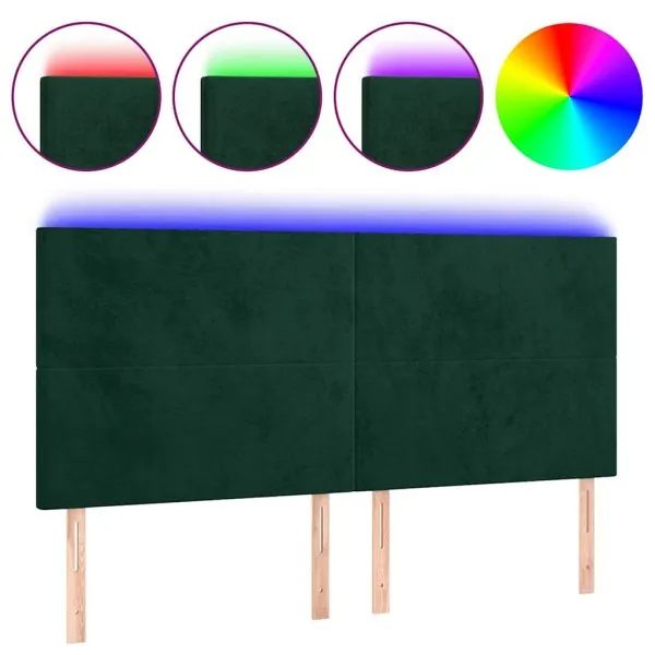 Tăblie de pat cu LED, verde închis, 200x5x118/128 cm, catifea