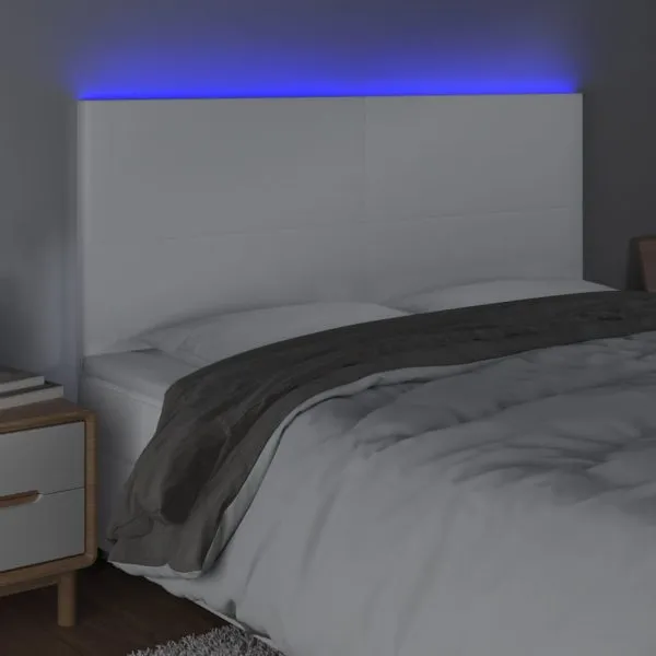 Tăblie de pat cu LED, alb, 180x5x118/128 cm, piele ecologică