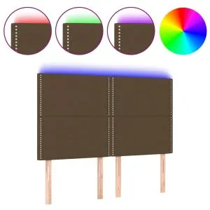 Tăblie de pat cu LED, maro închis, 144x5x118/128 cm, textil