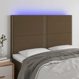 Tăblie de pat cu LED, maro închis, 144x5x118/128 cm, textil