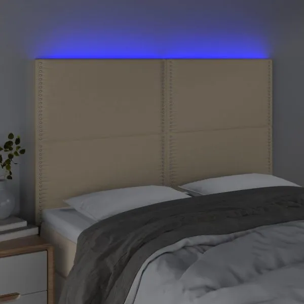 Tăblie de pat cu LED, crem, 144x5x118/128 cm, textil