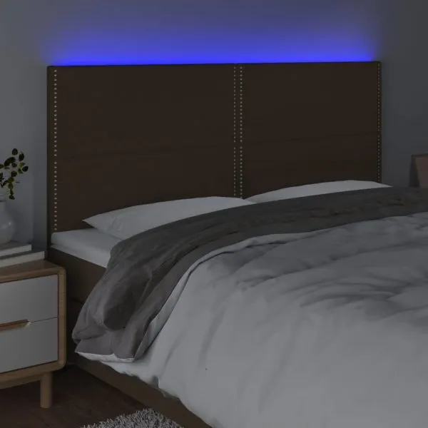 Tăblie de pat cu LED, maro închis, 200x5x118/128 cm, textil