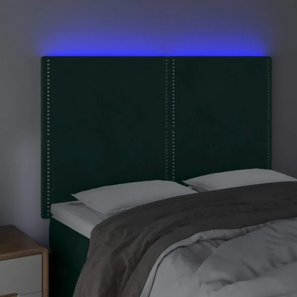 Tăblie de pat cu LED, verde închis, 144x5x118/128 cm, catifea