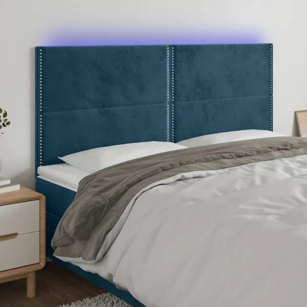 Tăblie de pat cu LED, albastru închis, 200x5x118/128cm catifea