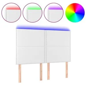 Tăblie de pat cu LED, alb, 144x5x118/128 cm, piele ecologică