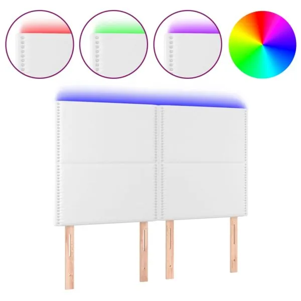 Tăblie de pat cu LED, alb, 144x5x118/128 cm, piele ecologică