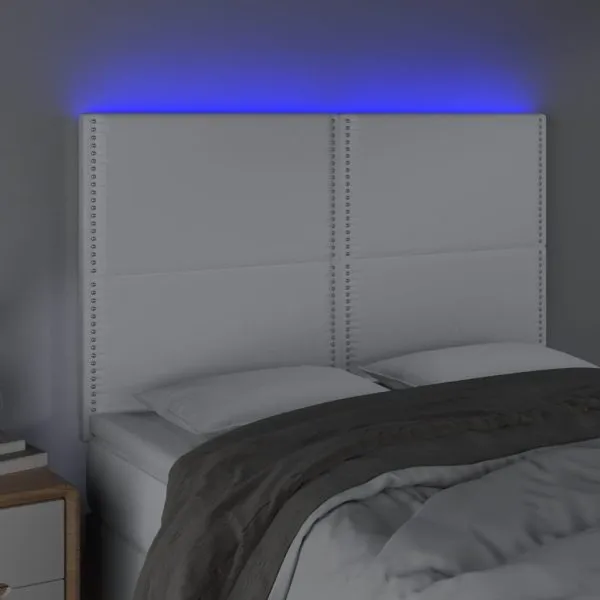 Tăblie de pat cu LED, alb, 144x5x118/128 cm, piele ecologică