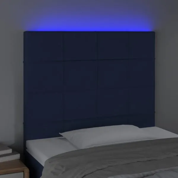 Tăblie de pat cu LED, albastru, 80x5x118/128 cm, textil