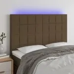 Tăblie de pat cu LED, maro închis, 144x5x118/128 cm, textil