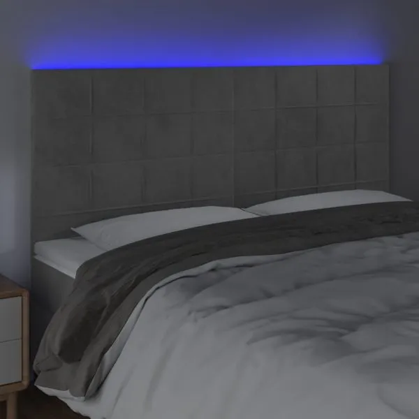 Tăblie de pat cu LED, gri deschis, 180x5x118/128 cm, catifea