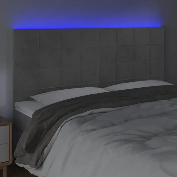Tăblie de pat cu LED, gri deschis, 200x5x118/128 cm, catifea