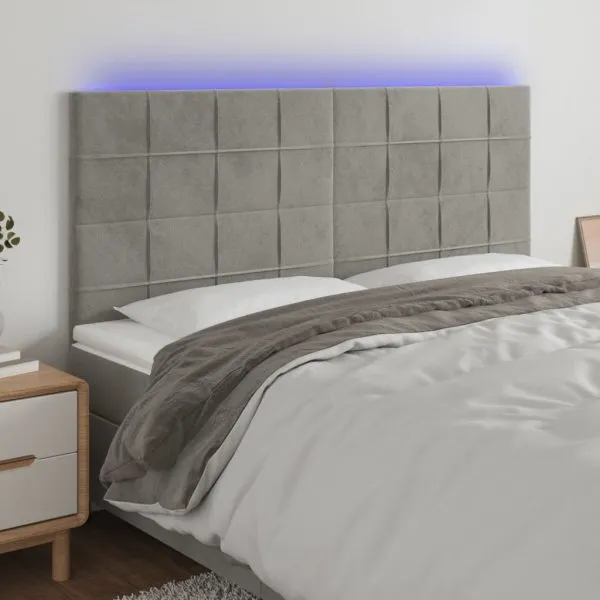 Tăblie de pat cu LED, gri deschis, 200x5x118/128 cm, catifea