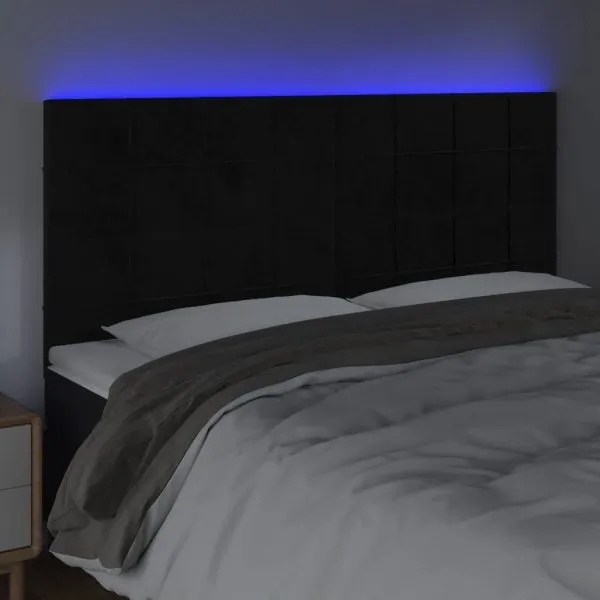 Tăblie de pat cu LED, negru, 200x5x118/128 cm, catifea