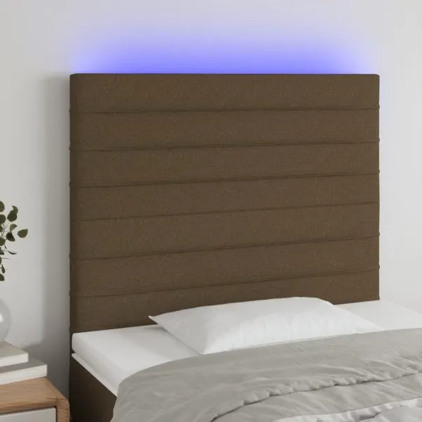 Tăblie de pat cu LED, maro închis, 100x5x118/128 cm, textil