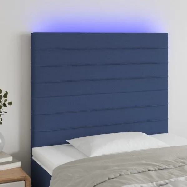 Tăblie de pat cu LED, albastru, 100x5x118/128 cm, textil