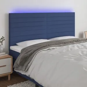 Tăblie de pat cu LED, albastru, 160x5x118/128 cm, textil