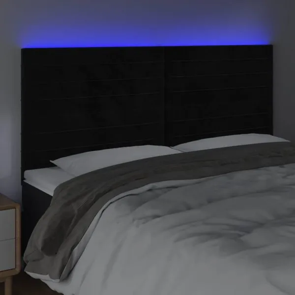 Tăblie de pat cu LED, negru, 183x16x118/128 cm, catifea