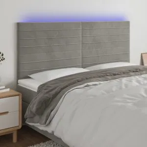 Tăblie de pat cu LED, gri deschis, 200x5x118/128 cm, catifea