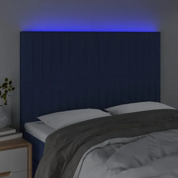 Tăblie de pat cu LED, albastru, 144x5x118/128 cm, textil