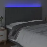 Tăblie de pat cu LED, gri închis, 200x5x118/128 cm, textil