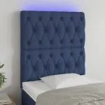 Tăblie de pat cu LED, albastru, 80x7x118/128 cm, textil