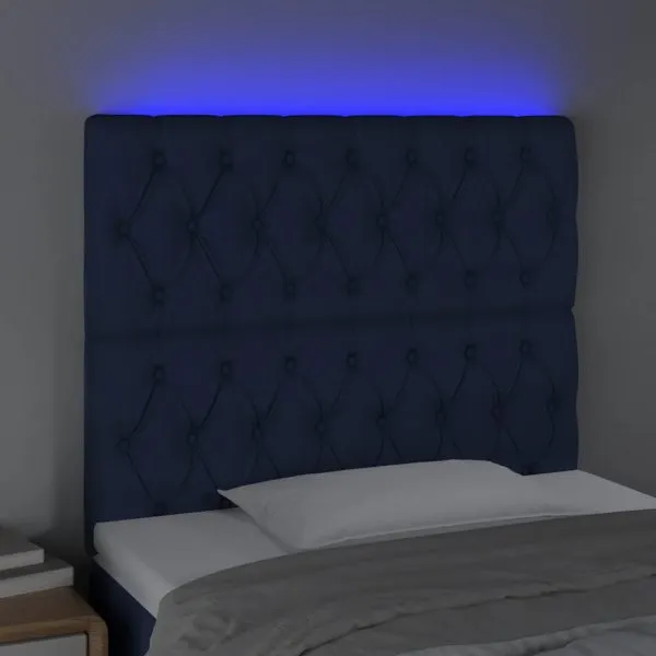 Tăblie de pat cu LED, albastru, 100x7x118/128 cm, textil