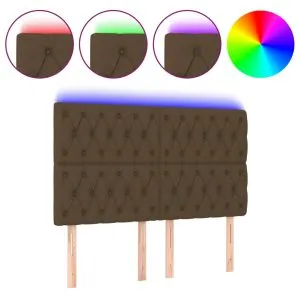 Tăblie de pat cu LED, maro închis, 144x7x118/128 cm, textil