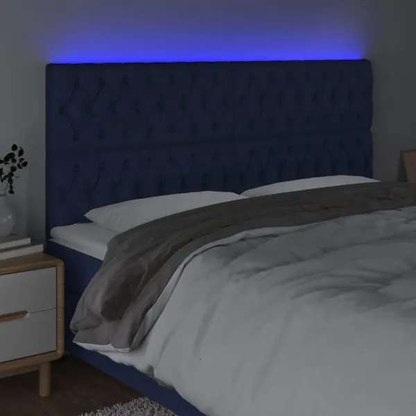 Tăblie de pat cu LED, albastru, 180x7x118/128 cm, textil