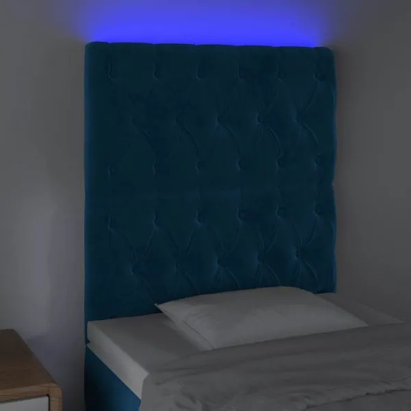 Tăblie de pat cu LED, albastru închis, 80x7x118/128cm, catifea