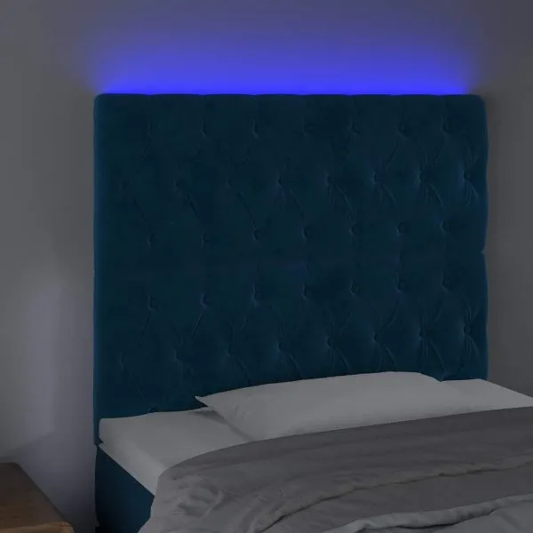 Tăblie de pat cu LED, albastru închis, 100x7x118/128cm, catifea