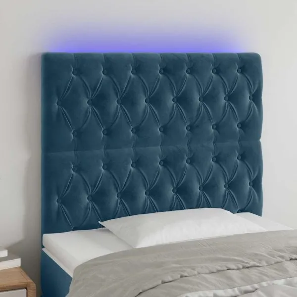 Tăblie de pat cu LED, albastru închis, 100x7x118/128cm, catifea