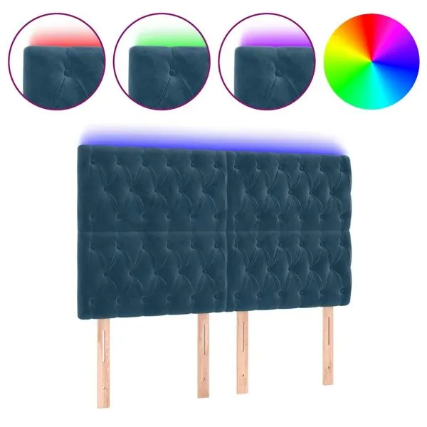 Tăblie de pat cu LED, albastru închis, 144x7x118/128cm, catifea