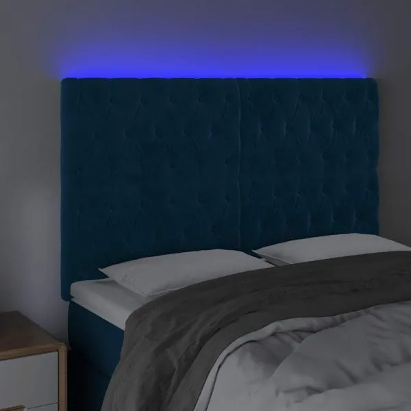 Tăblie de pat cu LED, albastru închis, 144x7x118/128cm, catifea