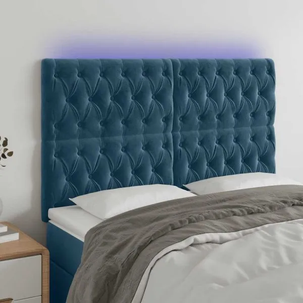 Tăblie de pat cu LED, albastru închis, 144x7x118/128cm, catifea