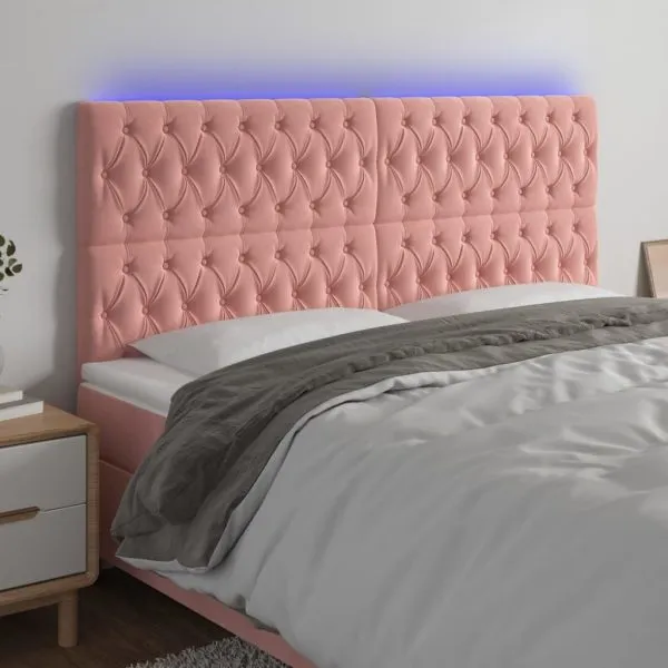 Tăblie de pat cu LED, roz, 200x7x118/128 cm, catifea