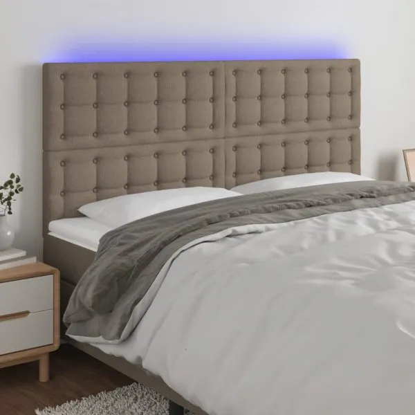 Tăblie de pat cu LED, gri taupe, 200x5x118/128 cm, textil