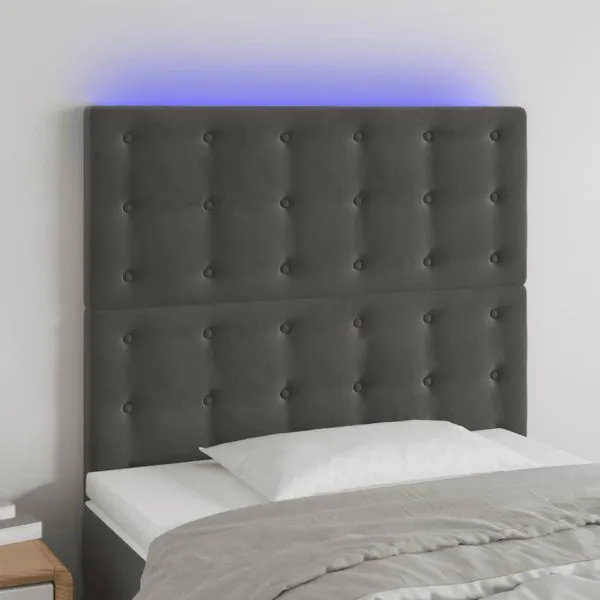 Tăblie de pat cu LED, gri închis, 100x5x118/128 cm, textil