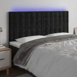 Tăblie de pat cu LED, negru, 183x16x118/128 cm, catifea