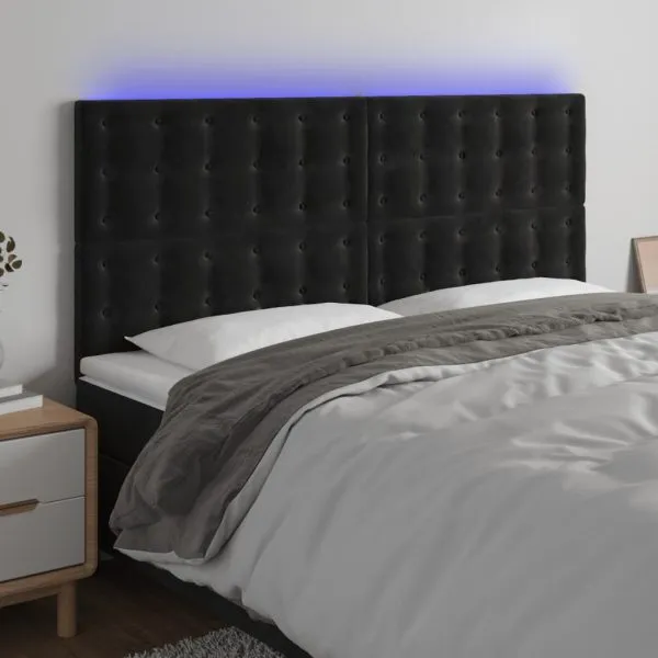 Tăblie de pat cu LED, negru, 183x16x118/128 cm, catifea