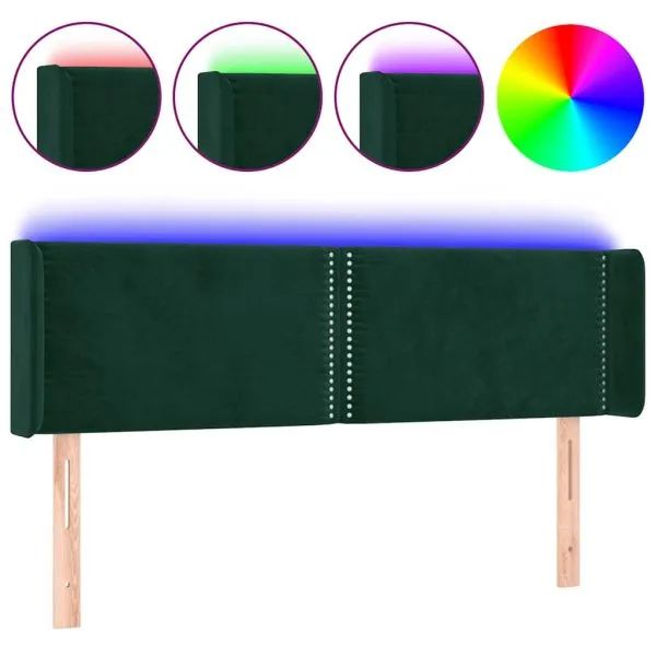 Tăblie de pat cu LED, verde închis, 147x16x78/88 cm, catifea