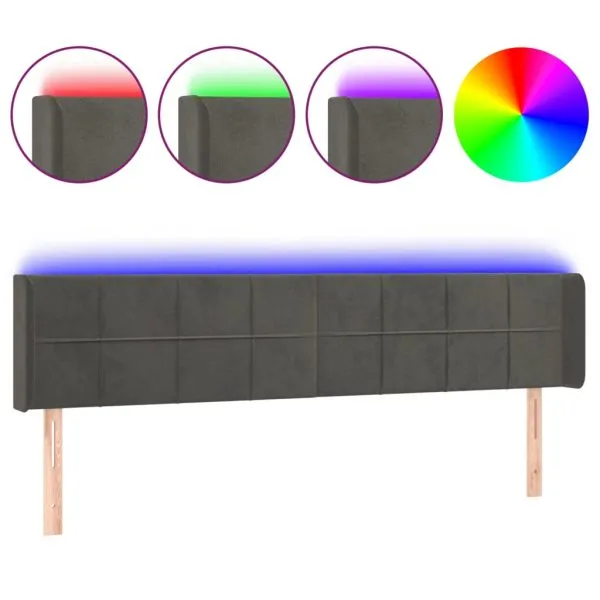 Tăblie de pat cu LED gri închis 183x16x78/88 cm catifea