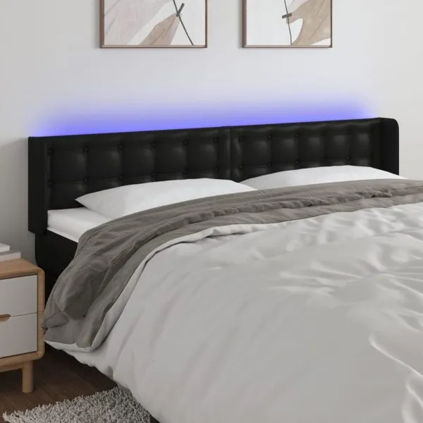 Tăblie de pat cu LED, negru, 203x16x78/88 cm, piele ecologică