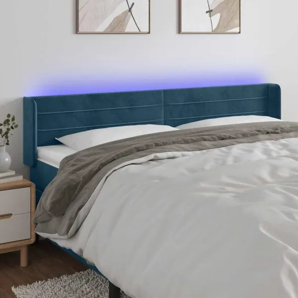 Tăblie de pat cu LED, albastru închis, 183x16x78/88 cm, catifea
