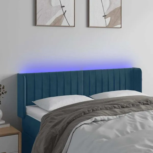 Tăblie de pat cu LED, albastru închis, 147x16x78/88 cm, catifea