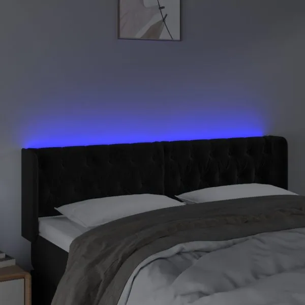 Tăblie de pat cu LED, negru, 147x16x78/88 cm, catifea