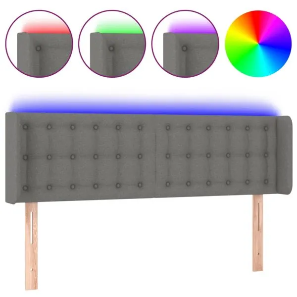 Tăblie de pat cu LED, gri închis, 147x16x78/88 cm, textil